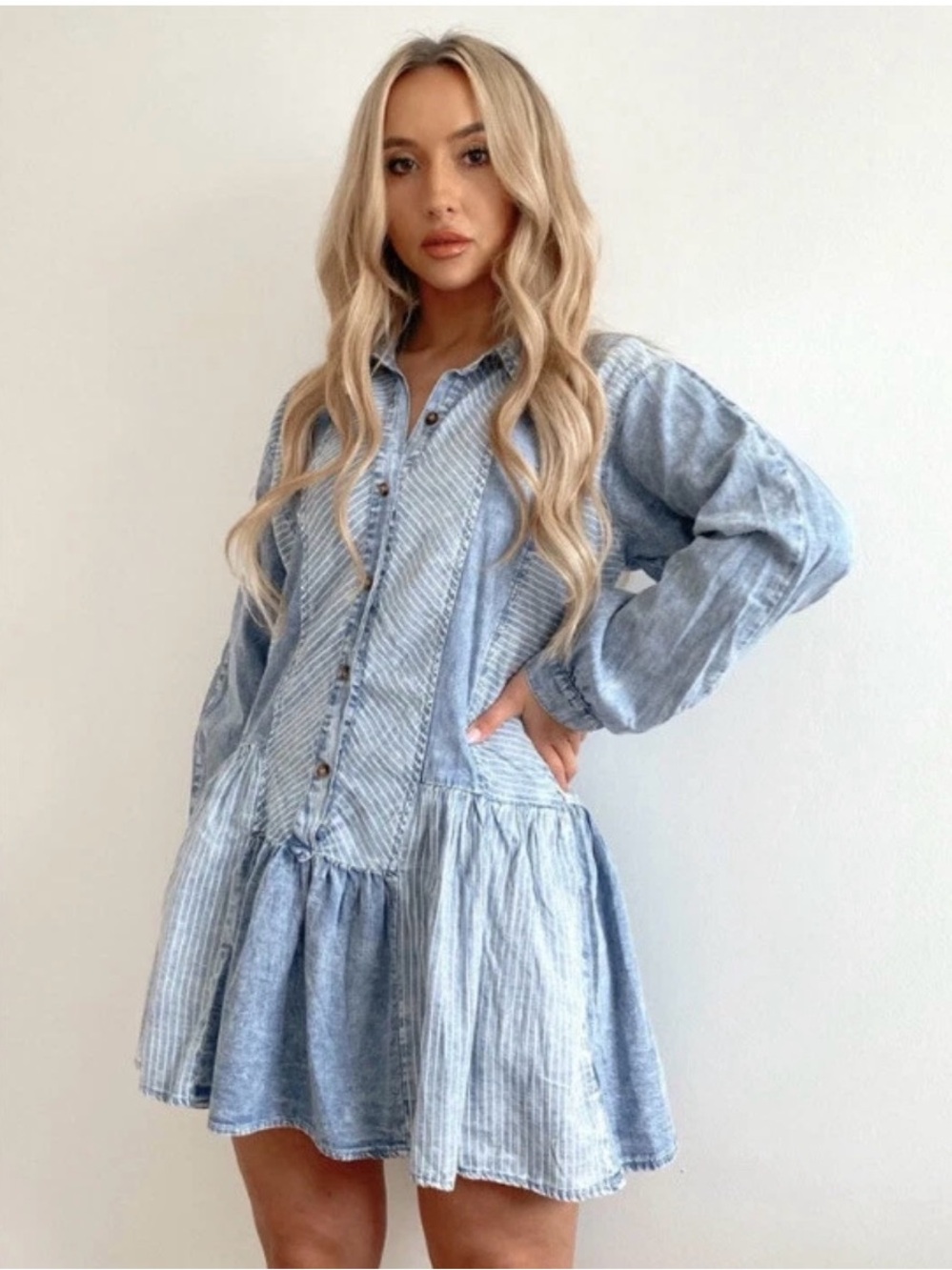 Promesa S denim patchwork babydoll long sleeve mini dress with pockets